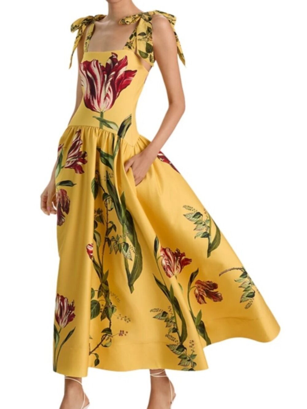Alice and Olivia Oriana Tie Strap Drop Waist Full Midi Dress